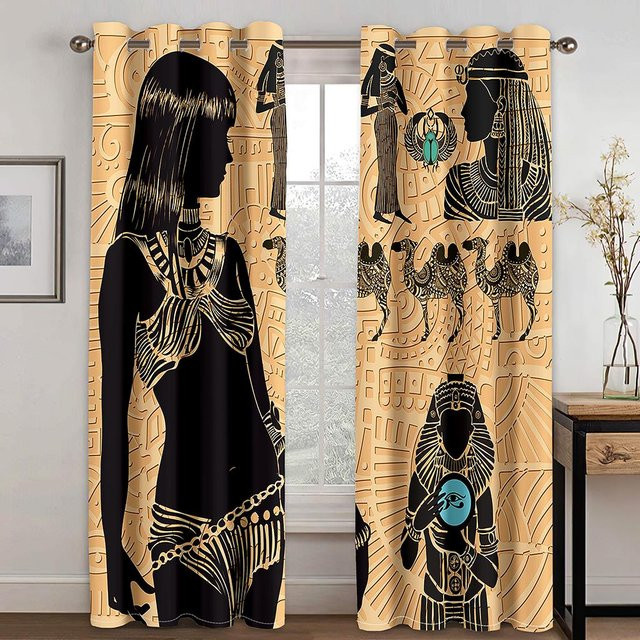 Retro Barock Halb-Verdunkelungsvorhänge mit ägyptischem Pharaonen-Design, 2er-Set, Beige, B: 140 cm, H: 160 cm - Bild 1