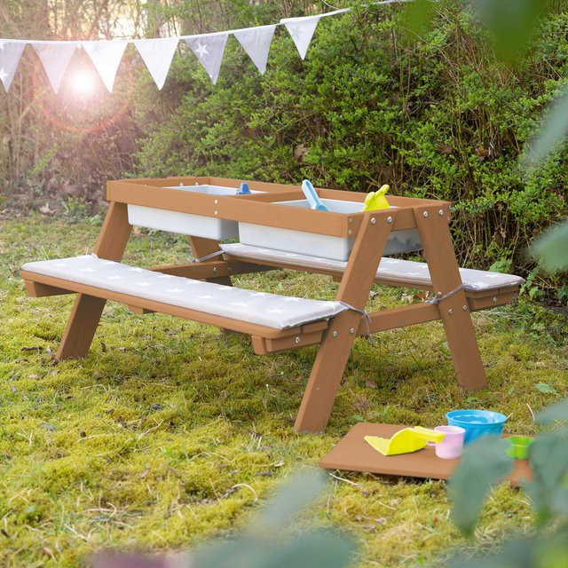 Roba Kindersitzgarnitur Little Stars für den Garten mit Spielwanne und Bankkissen, Teak, Braun - Bild 1