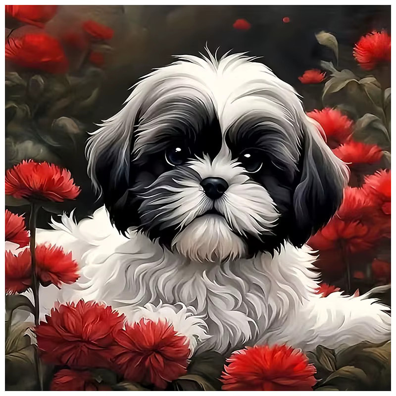HUACAN Diamantmalerei Hund mit Blumen als rundes Mosaik-Set in Mehrfarbig, Durchmesser: 20 cm - Bild 4