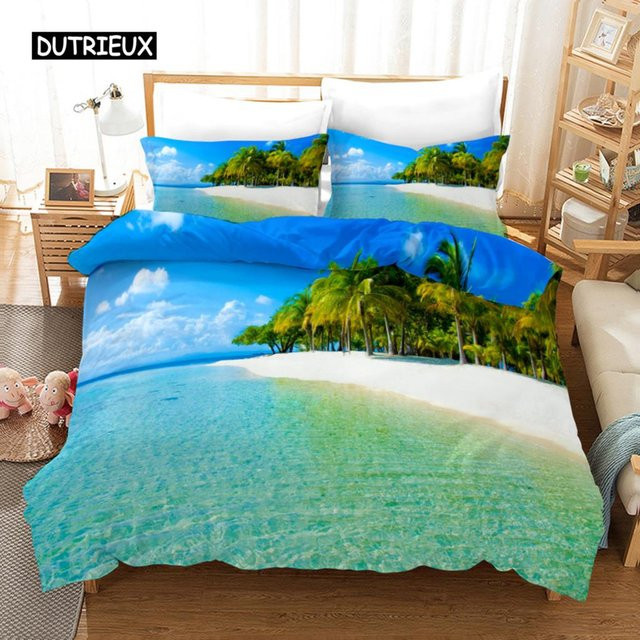 Binchi Outdoor Product Bettbezug-Set mit Kissenbezug, tropisches Insel-Design mit Palmen und Strand, blau-mehrfarbig, Polyester, B/H: 135 x 200 cm - Bild 1