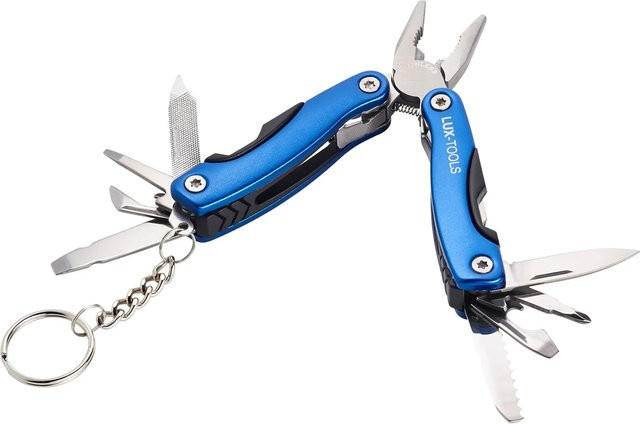 LUX-TOOLS 12-in-1 Mini-Multitool mit Schlüsselring aus Edelstahl in Blau mit Zange, Messer und Schraubendrehern - Bild 1