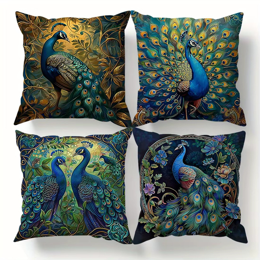 VIKAMA 4-teiliges Luxus-Pfau-Kissen-Set in Gold, Grün und Blau mit Federfüllung - Bild 3