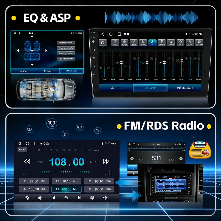 ESSGOO Android 15 Universal Autoradio mit 10.1 Zoll drehbarem Touchscreen, 4+64G/6+128G, Wireless Carplay, Android Auto, GPS, Bluetooth, WIFI, Mirror Link und Lenkradsteuerung in Schwarz - Bild 4