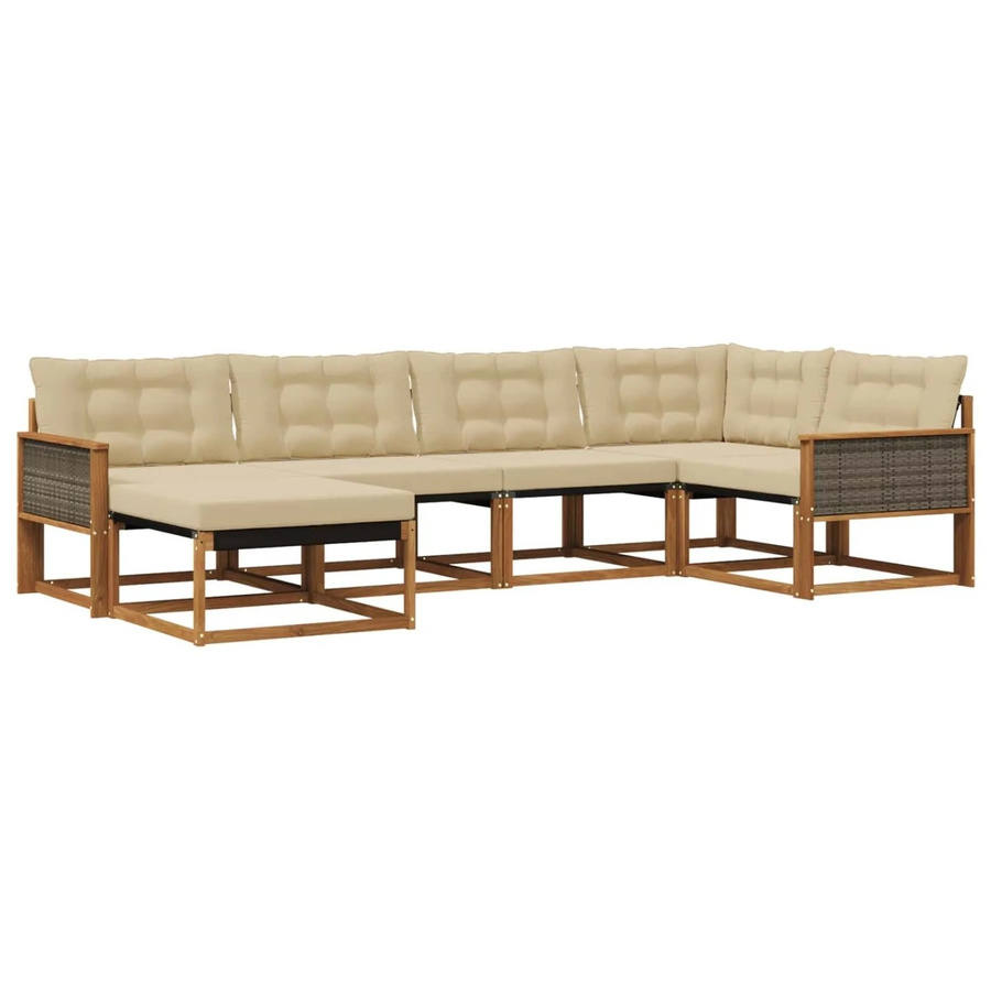 vidaXL Outdoor-Sofagarnitur aus Akazienholz mit Kissen in Braun und Beige, L-Form mit Ottoman und Textilene-Elementen - Bild 2