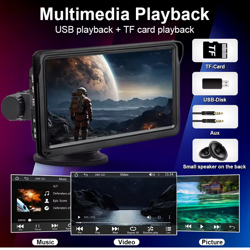 Hippcron 7-Zoll Tragbarer Auto-Monitor Multimedia-Player mit CarPlay und Android Auto, USB, Bluetooth, Schwarz - Bild 4