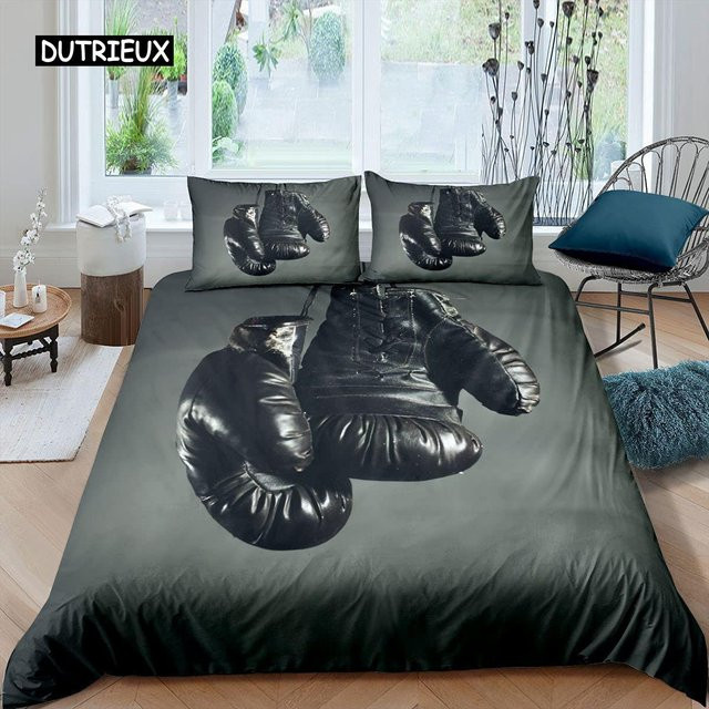 Bettwäsche-Set Boxen Sport-Design aus Mikrofaser mit Boxhandschuhe-Motiv, Schwarz, B/H: 155 x 215 cm - Bild 1