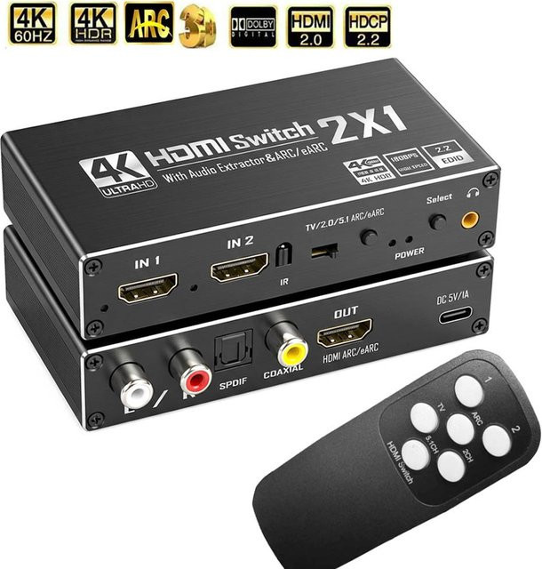 VBDWRM HDMI-Switch mit Audio-Extraktor 4K 60Hz, 2 Eingänge 1 Ausgang, HDMI zu Koaxial, Toslink SPDIF, L/R Stereo und HDMI ARC, Schwarz - Bild 1