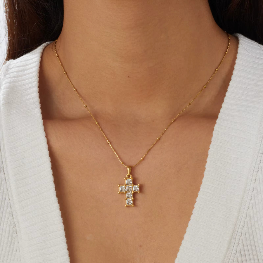 DIEYURO Halskette mit Kreuz-Anhänger, Edelstahl, Zirkonia, Damen, Gold - Bild 3