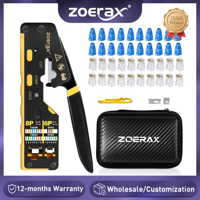 ZoeRax RJ45 Netzwerk-Tool-Kit für Ethernet/LAN mit CAT6-Crimpwerkzeug, 20 Stück CAT6/CAT5-Steckern, Steckerabdeckungen und Mini-Abisolierzange - Bild 1