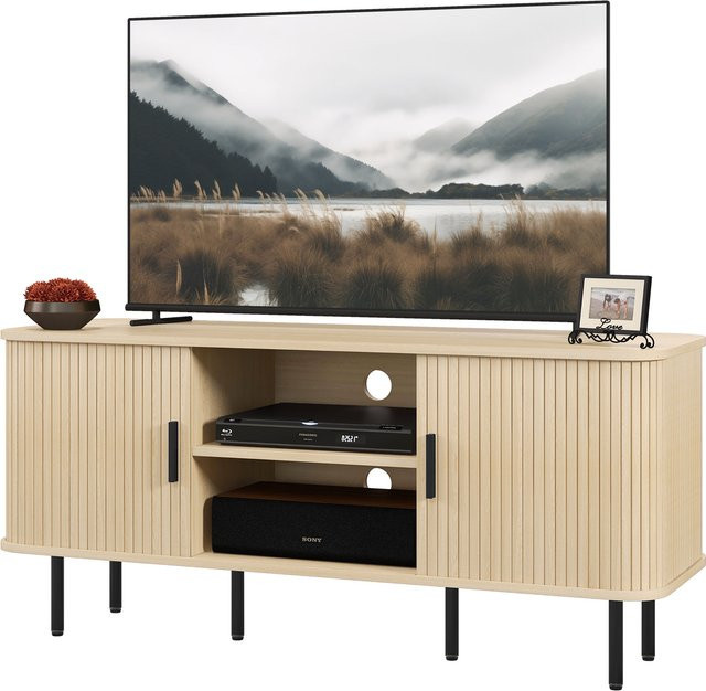 HOMCOM TV-Schrank im skandinavischen Design mit 2 Rolltüren aus Lamellen, Eichenholzton, Breite: 120 cm, geeignet für Fernseher bis zu 55 Zoll - Bild 1