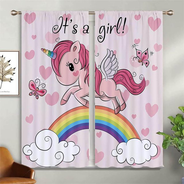 Yiran Furniture Einhorn Regenbogen Vorhänge für Kinderzimmer, Rosa, 2er-Set, B: 50 cm, H: 130 cm - Bild 1