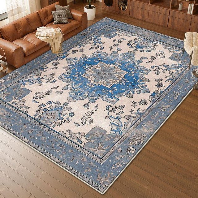 Karpetti Boho Teppich mit floralem Muster in Blau, rutschfest und waschbar, B/T: 90 x 60 cm - Bild 1