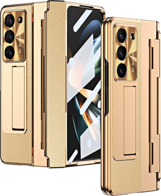 Samsung Galaxy Z Fold 7 6 5 4 3 Schutzhülle aus PU-Leder mit Glasfolie, Stiftschlitz und Stiftständer in Gold - Bild 1