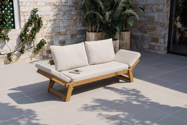 OUTFLEXX Bali Lounge Liege aus Akazie und Polyester in Creme/Natur, verstellbar mit wetterfesten Kissen, B/T/H: 198 x 68 x 78 cm - Bild 1