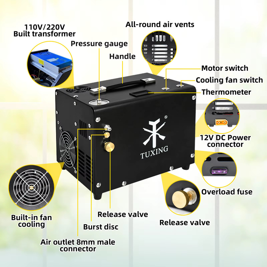 TUXING Elektrischer PCP-Luftkompressor TXET064 mit Set-Druckfüllung für Tauchen und Luftgewehre, Schwarz, 4500 Psi - Bild 2