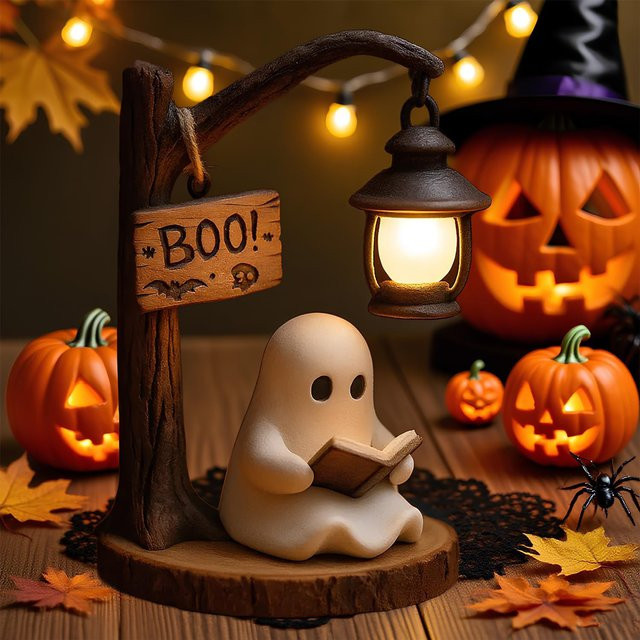 APWIKOGER Halloween Geist Nachtlicht aus Harz in Warmweiß als Desktop Ornament und Leselicht - Bild 1