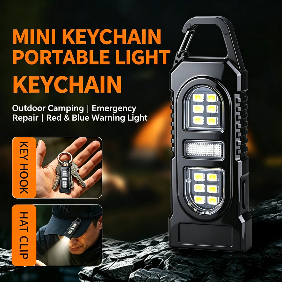 Heinast Mini COB LED Schlüsselanhänger-Taschenlampe in Schwarz, USB-aufladbar und wasserdicht mit Haken für Camping und Wandern - Bild 2