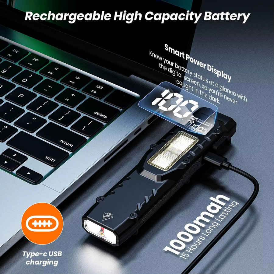 YEMAO Taktische EDC-Taschenlampe mit 1100 lm LED, wiederaufladbar, Digitalanzeige und Clip, Schwarz - Bild 5