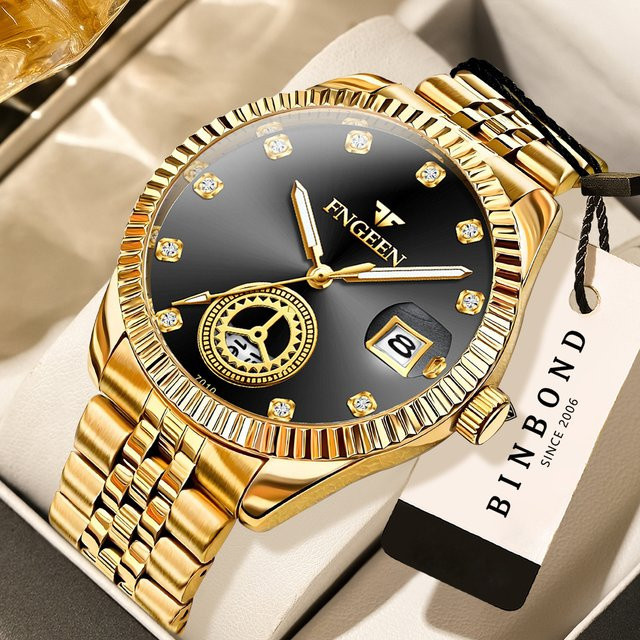 BINBOND Armbanduhr Quarz, Edelstahl, Gold, Schwarz, Herren - Bild 1