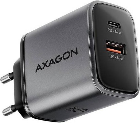 AXAGON GaN USB-Ladegerät 67W mit USB-C Power Delivery und USB-A Quick Charge 3.0 in Schwarz und Grau - Bild 1