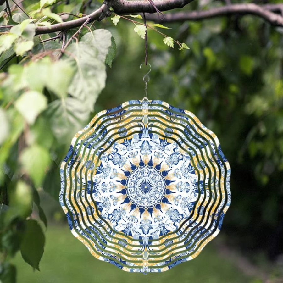 HELLOYOUNG Mandala-Windspiel aus Metall in Blau und Gold mit Blumenmuster als hängende Außendekoration - Bild 5