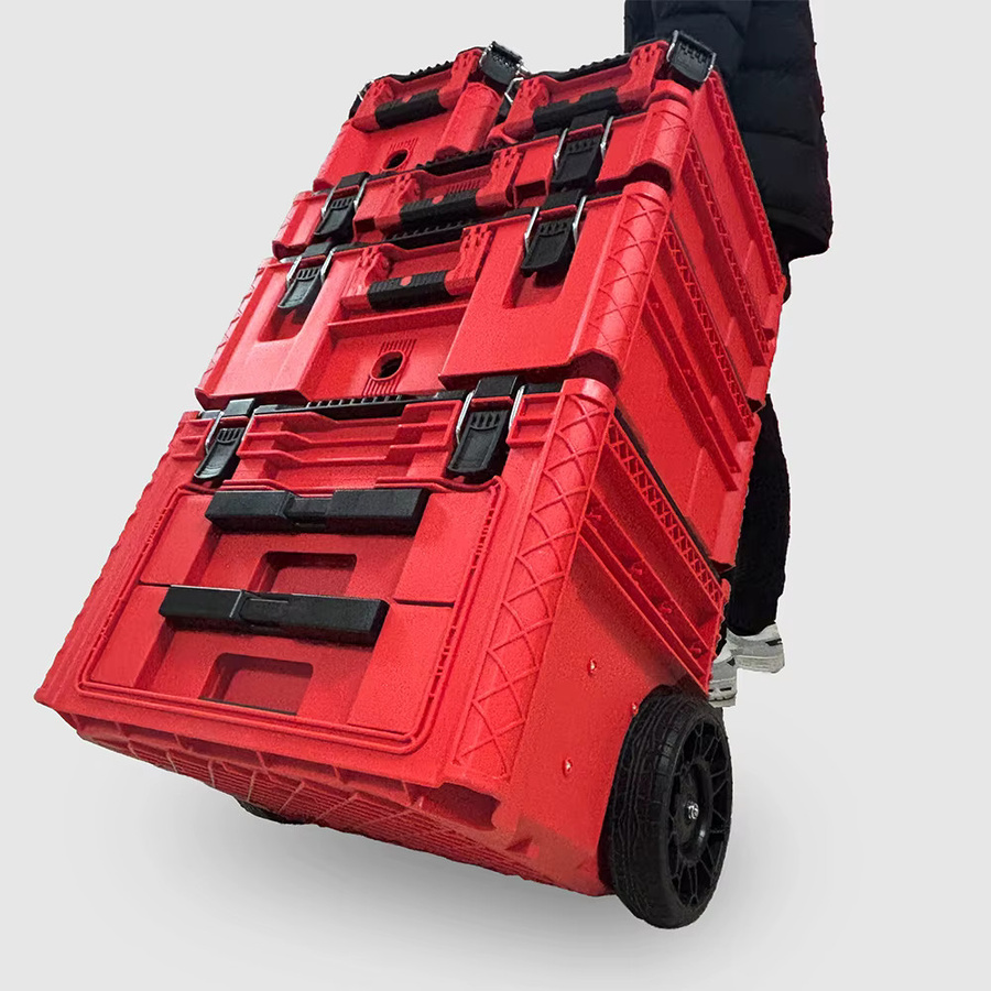Stapelbares Kunststoff-Werkzeugkasten-Set mit Klappdeckel, Teleskopgriff und Schublade in Rot - Bild 2