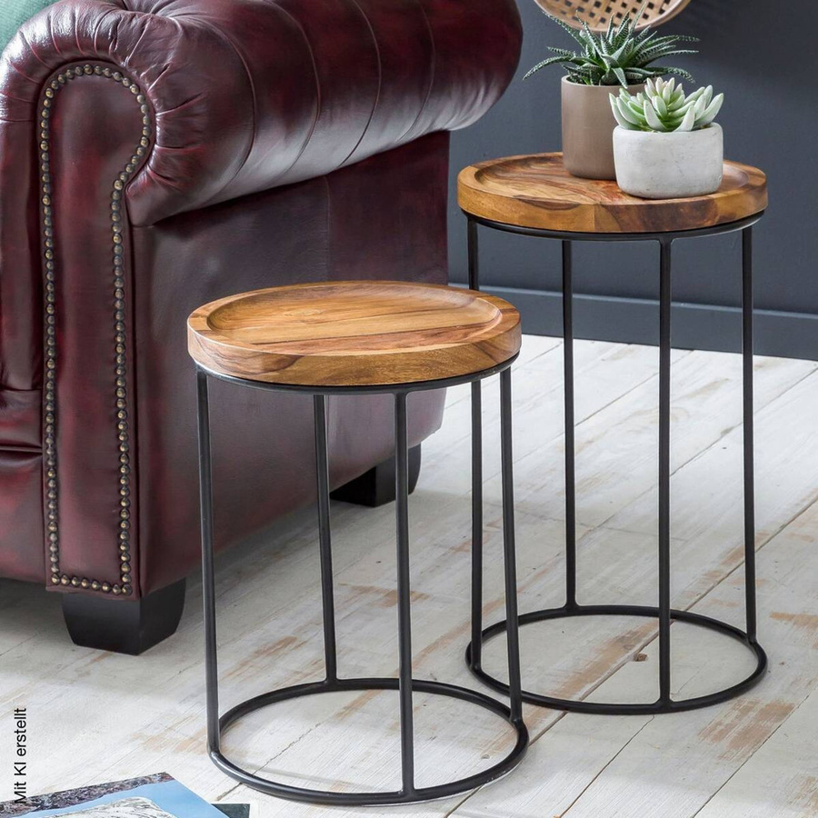 Wohnling Beistelltisch 2er-Set aus Sheesham Echtholz und Eisen in Schwarz und Natur im Industrial Design, runde Tischplatten, Höhe: 54 cm, Durchmesser: 30,5 cm - Bild 4