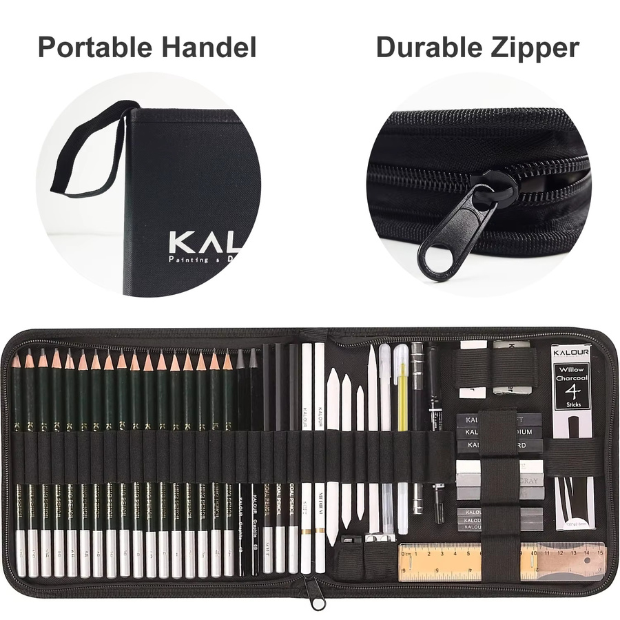 54er-Pack Skizzen- und Zeichenstifte-Set für Profis mit Graphitstiften, Kohlestiften und Skizzenbuch in Schwarz - Bild 2