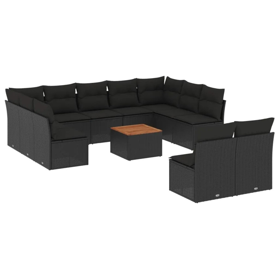 vidaXL 12-tlg. Garten-Sofagarnitur in U-Form aus Poly-Rattan und Akazienholz mit Kissen, Schwarz - Bild 2