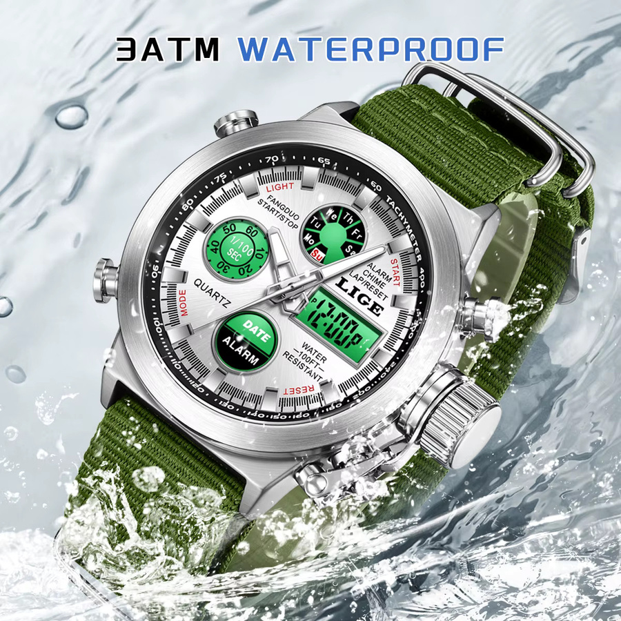 LIGE Armbanduhr, Quarz, Digitaluhr, Schwarz, Textil/NATO, Herren - Bild 6