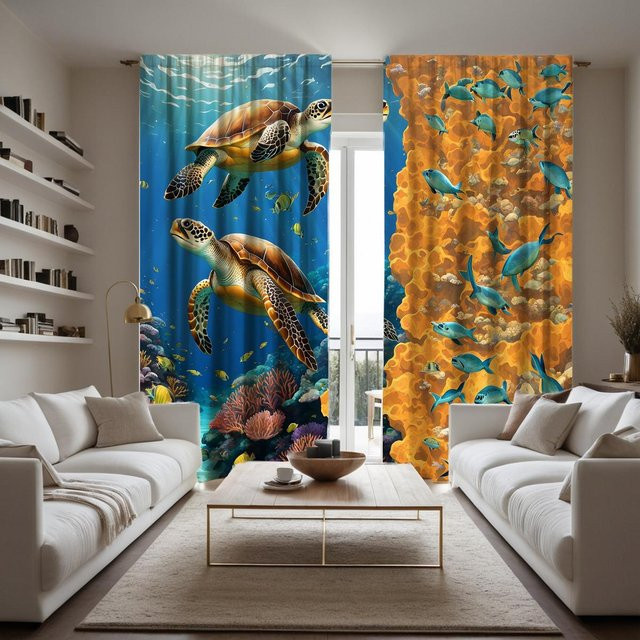 2er-Set dekorative Vorhänge mit Meeresboden-Motiv Schildkröte und Fisch in Blau, B: 132 cm, H: 160 cm - Bild 1
