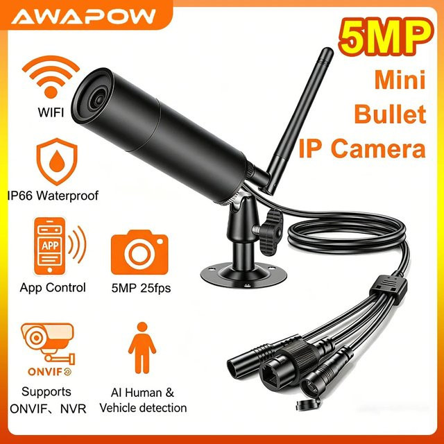 Awapow 5MP Mini-IP-Kamera POE Bullet-Kamera Schwarz Outdoor mit Starlight-Sicherheitsüberwachung und HD-Aufnahme in Schwarz - Bild 1