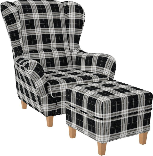 Supellex Sofia Ohrensessel mit Hocker im Landhausstil mit kariertem Design in Schwarz Grau Weiß Beige - Bild 1