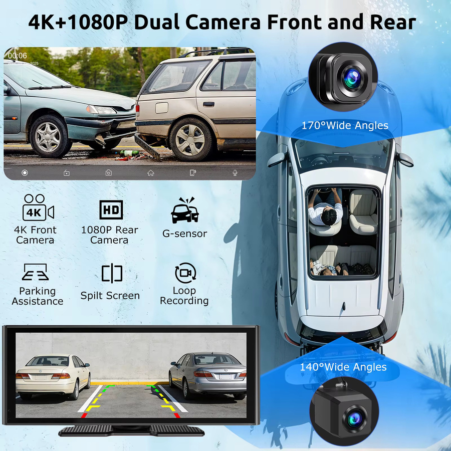ESSGOO Tragbares Autoradio mit 10,26 Zoll Touchscreen, Wireless CarPlay und Android Auto, inklusive 4K Frontkamera und 1080p Rückfahrkamera, Schwarz, mit Bluetooth, USB, AUX und FM - Bild 3