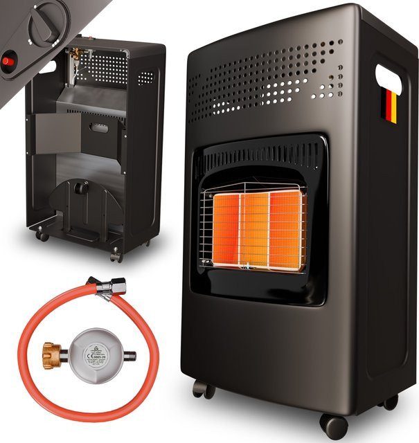 Tronitechnik Gasheizer Gasheizofen Heizstrahler mit 4,2 kW Leistung in Schwarz inklusive Gasdruckregler und Gasschlauch mit 3 Heizstufen - Bild 1