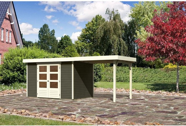 Karibu Holz-Gartenhaus Boras mit Flachdach in Terragrau, lackiert, B: 298 cm, T: 213 cm, H: 211 cm - Bild 1