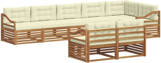 vidaXL Outdoor-Sofagarnitur 8-teilig L-Form aus Akazienholz in Natur und Creme mit Kissen und Armlehnen - Bild 1