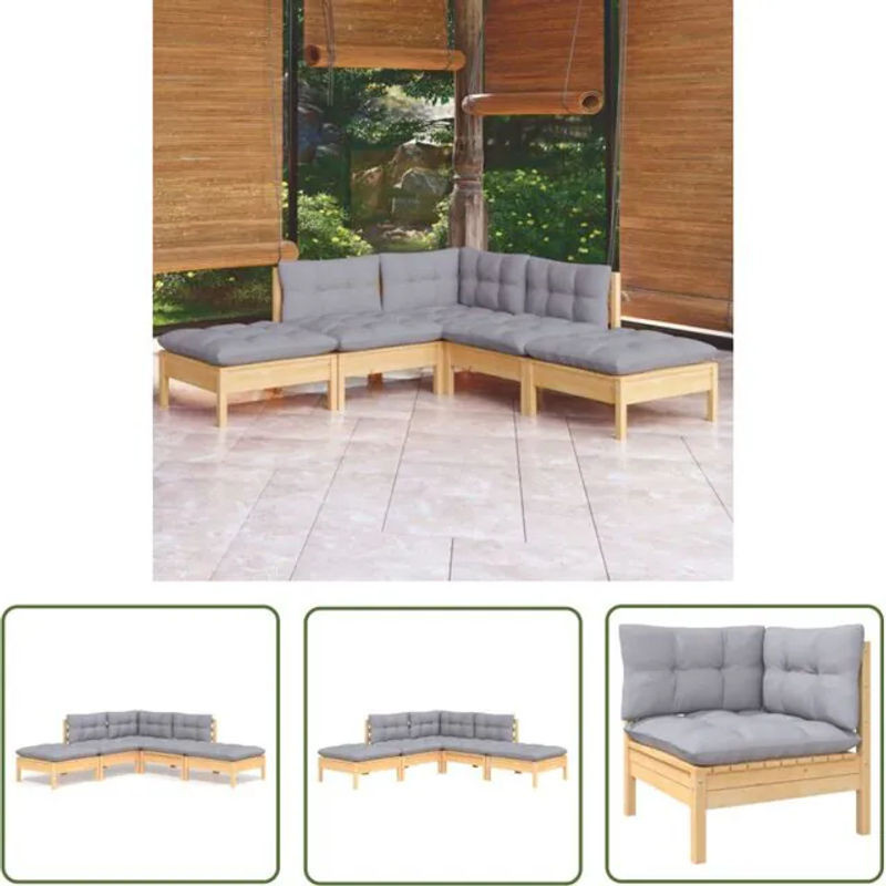 The Living Store 5-tlg. Garten-Lounge-Set aus Kiefernholz mit grauen Kissen - Bild 1