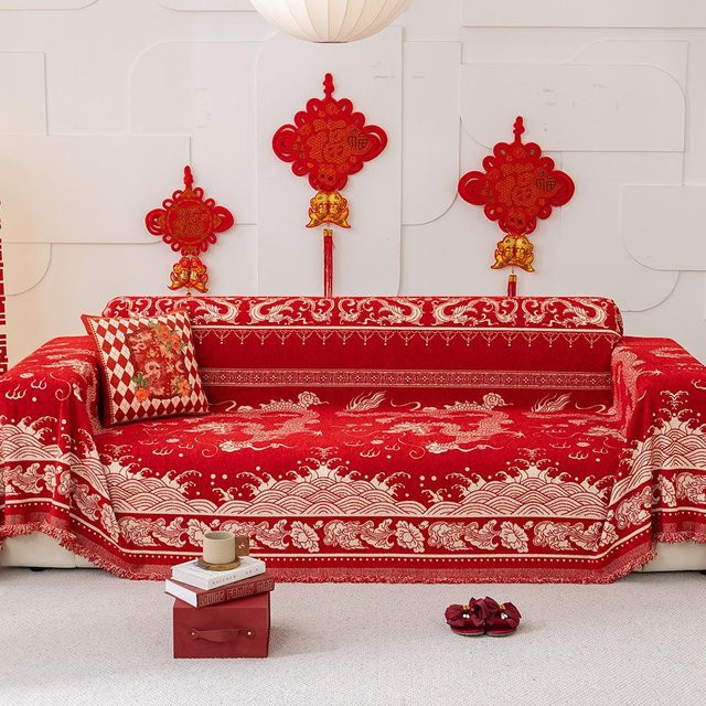 Chenille Sofabezug mit Drachen-Motiv in Schwarz und Rot, B/B: 180 x 130 cm - Bild 1