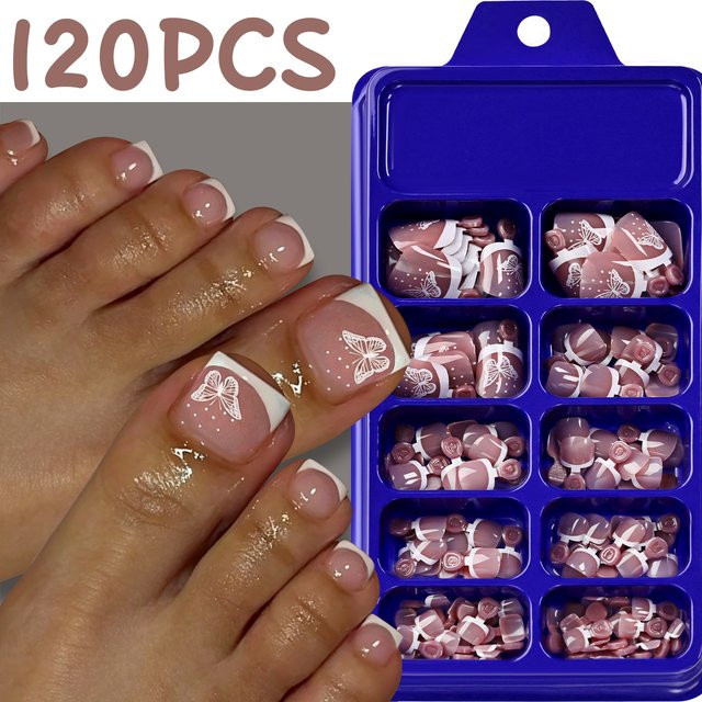 HotPress Künstliche Zehennägel, 120 Stück, Nude-Rosa, Schmetterlings-French-Tips, Glänzend - Bild 1