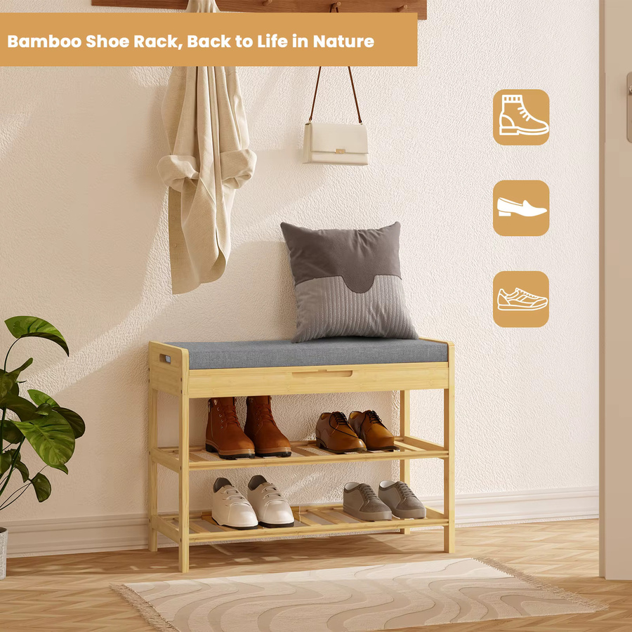 WOLTU 2-stöckiges Schuhregal aus Bambus mit gepolsterter Sitzbank in Braun und Grau für Flur, Schlafzimmer oder Wohnzimmer - Bild 4
