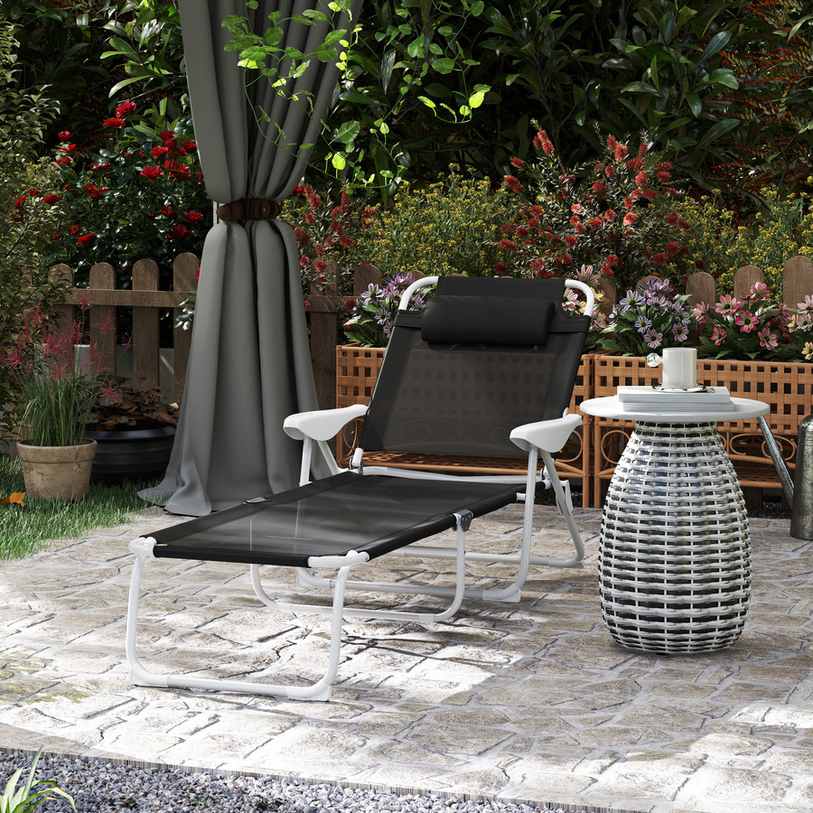 Outsunny Sonnenliege klappbar in Schwarz mit verstellbarer Rückenlehne und Kopfkissen, wetterfeste Gartenliege aus Textilene für Garten und Strand, belastbar bis 120 kg, Aosom - Bild 2
