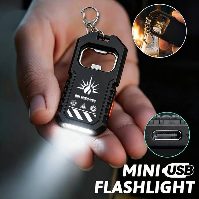 KDULIT Mini-Schlüsselanhänger-Taschenlampe in Schwarz mit USB-Ladefunktion, leistungsstarkem LED-Arbeitslicht und integriertem Flaschenöffner aus Metall und Kunststoff - Bild 1