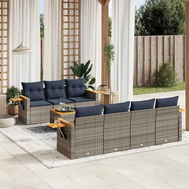 8-tlg. Garten-Sofagarnitur mit Kissen in Grau aus Poly-Rattan von vidaxl - Bild 1