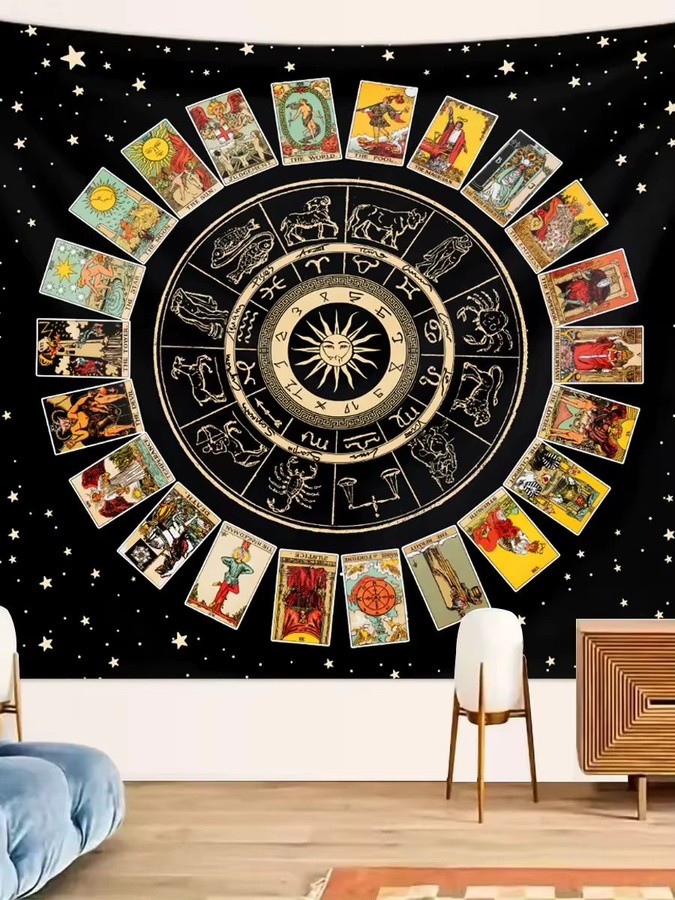 VIKAMA Constellation Tarot Wandteppich in Gold und Schwarz mit mystischen Runen und Sternen, Boho Wanddekoration für Wohnzimmer oder Schlafzimmer, B/H: 60 x 40 cm - Bild 3