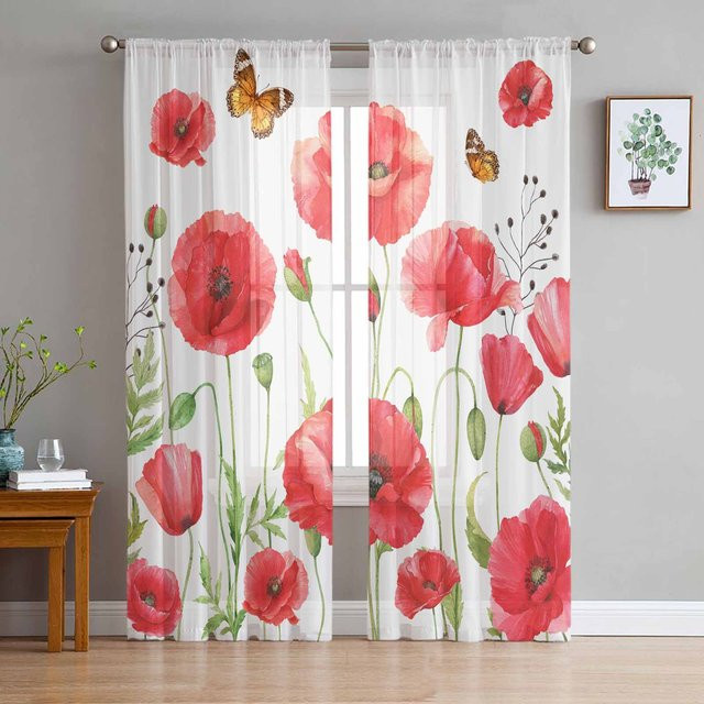Yiran Furniture Transparente Tüll Vorhänge mit rotem Blumenmuster aus Organza, Breite: 135 cm, Höhe: 115 cm - Bild 1