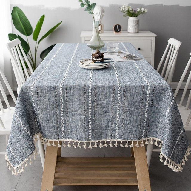 YT Daily Necessities Tischdecke aus Baumwollleinen mit Streifen und Quasten, rechteckig, blau/grau, B: 140 cm, L: 180 cm - Bild 1