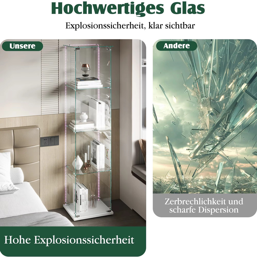 Comanlai Glas-Vitrine in Weiß mit LED-Beleuchtung, 4-stufiger moderner Sammlerschrank mit Glastüren und Schloss - Bild 3