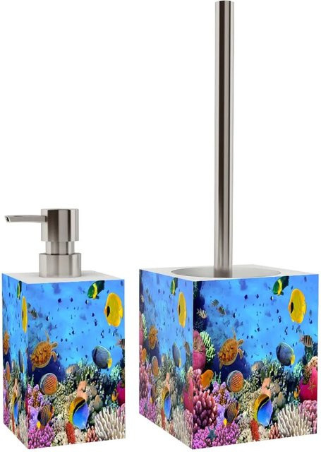Sanilo Badezimmer Set aus Keramik und Edelstahl mit Seifenspender und WC Bürste in Blau Ocean - Bild 1