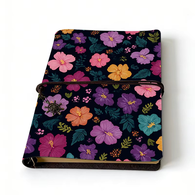 Nachfüllbares Boho-Vintage Lederjournal mit buntem Blumenmuster und Schnurverschluss, Hardcover Tagebuch in Multicolour - Bild 2